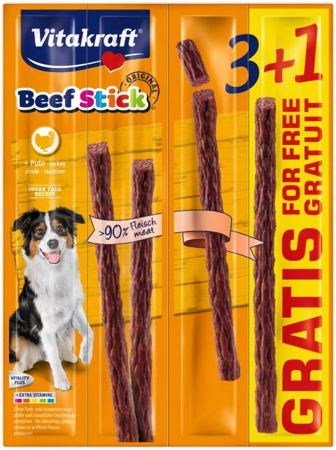 VITAKRAFT Delicatese pentru câini Beef Stick cu Curcan 4 bucăţi, 48g, 3+1GRATIS
